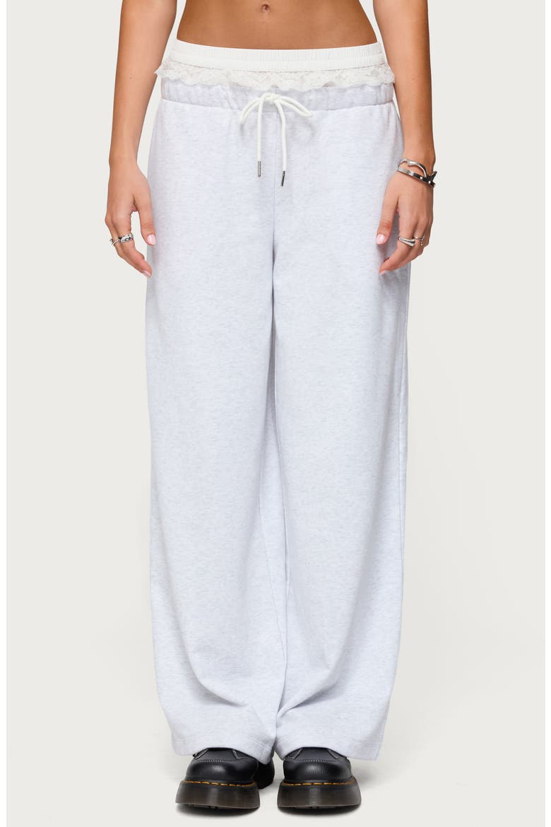 Tamia Peekaboo Lace Trim Wide Leg Pants, Main, color, LIGHT-GREY-MELANGE