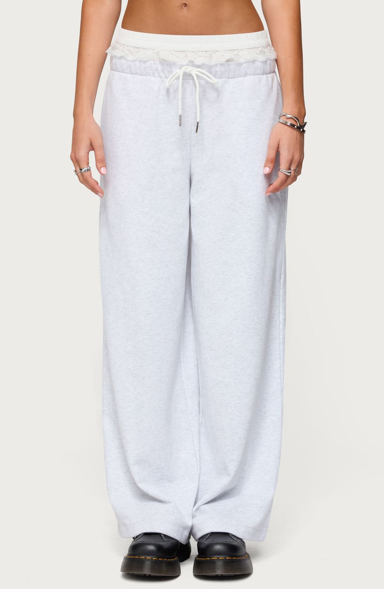 EDIKTED Tamia Peekaboo Lace Trim Wide Leg Pants, Main, color, Light-Grey-Melange