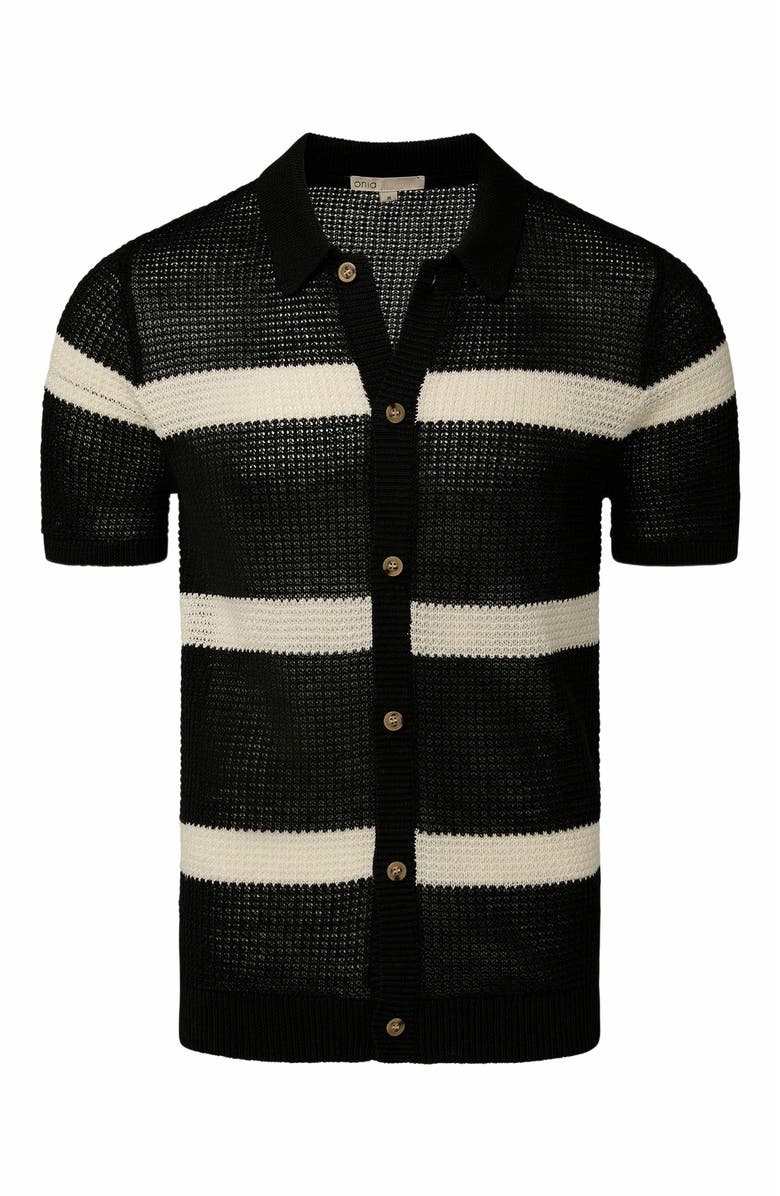 Onia Linen Short Sleeve Button Up Sweater, Alternate, color, Black/Egret