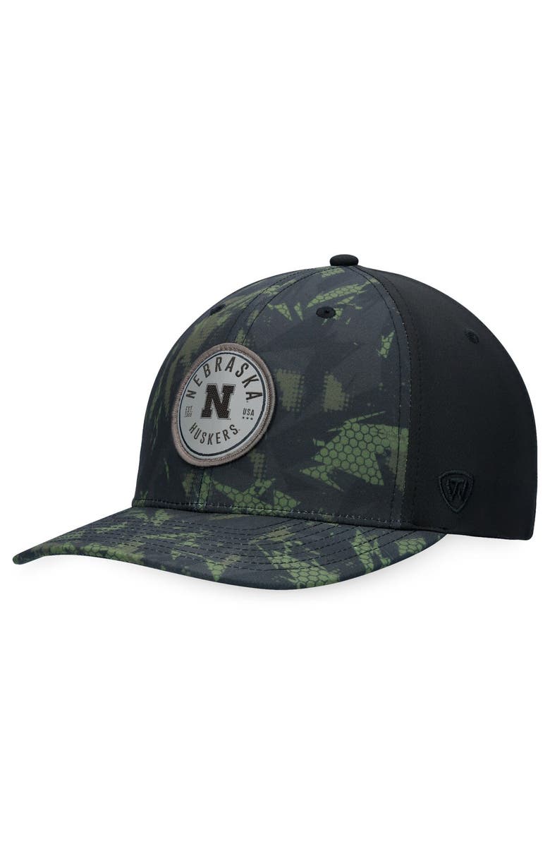 TOP OF THE WORLD Men's Top of the World Black Nebraska Huskers OHT Military Appreciation Camo Render Flex Hat, Main, color, 