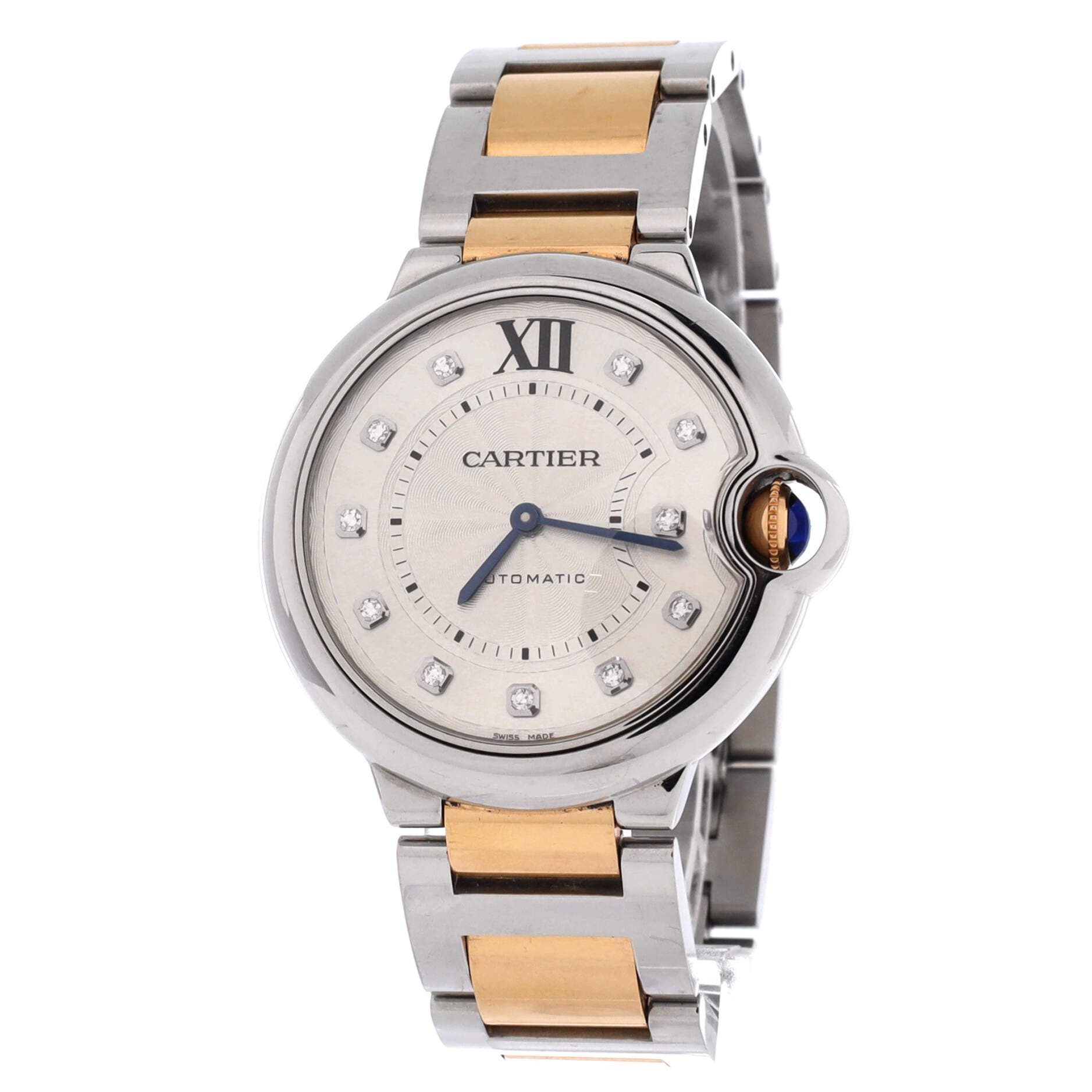 Ballon Bleu de Cartier Automatic Watch Stainless Steel and Rose Gold with Diamond Markers 36, Alternate, color, Metallic Gold