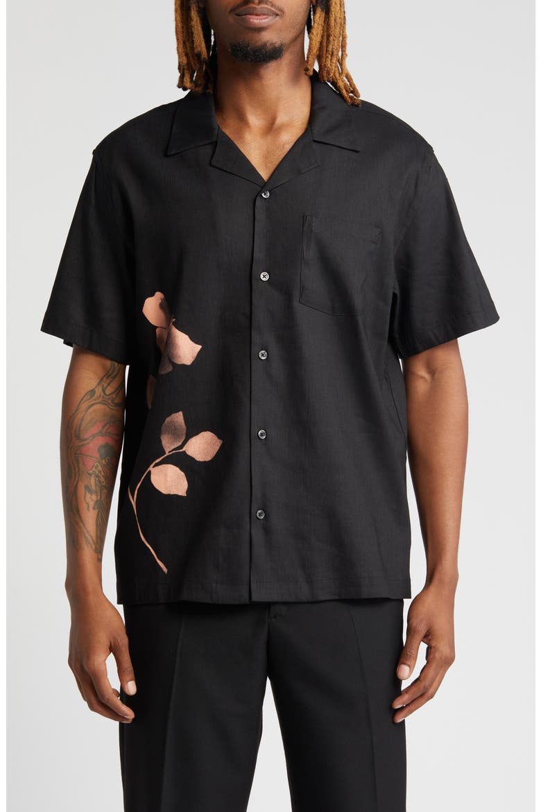 Canty Floral Impressions Linen Blend Camp Shirt, Main, color, BLACK