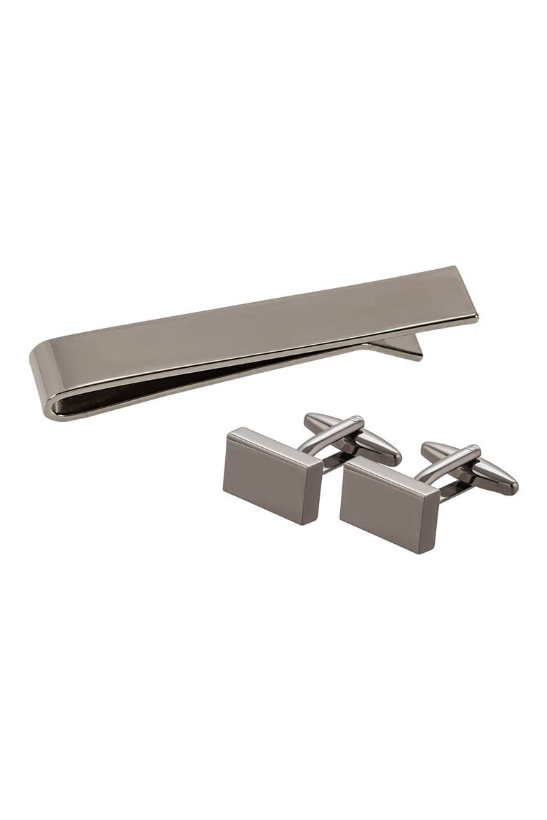 Monogram Cuff Links & Tie Bar Set, Main, color, GREY