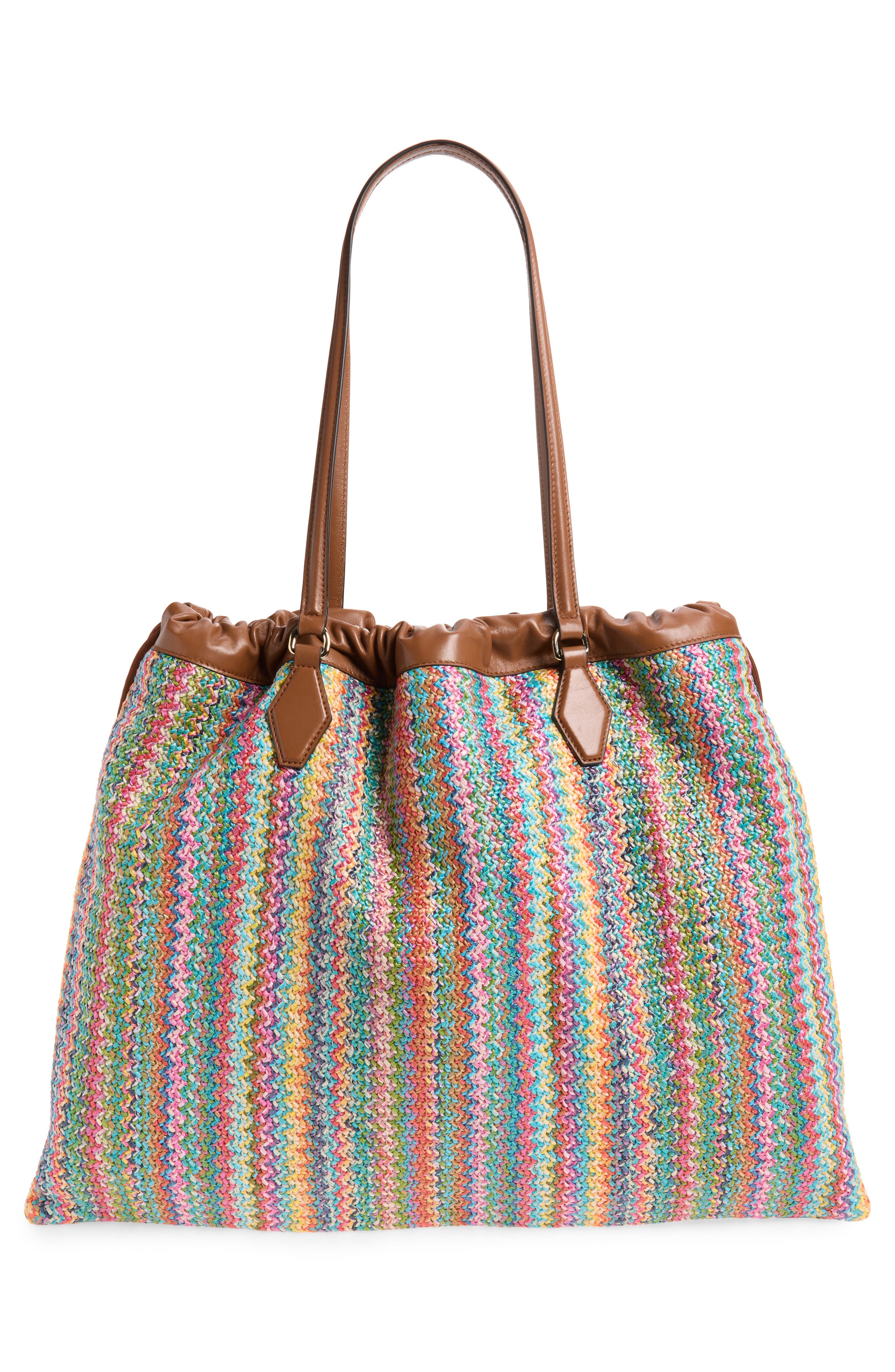 Jimmy Choo Large Woven Raffia Drawstring Tote, Alternate, color, Multi/ Tan/ Light Gold