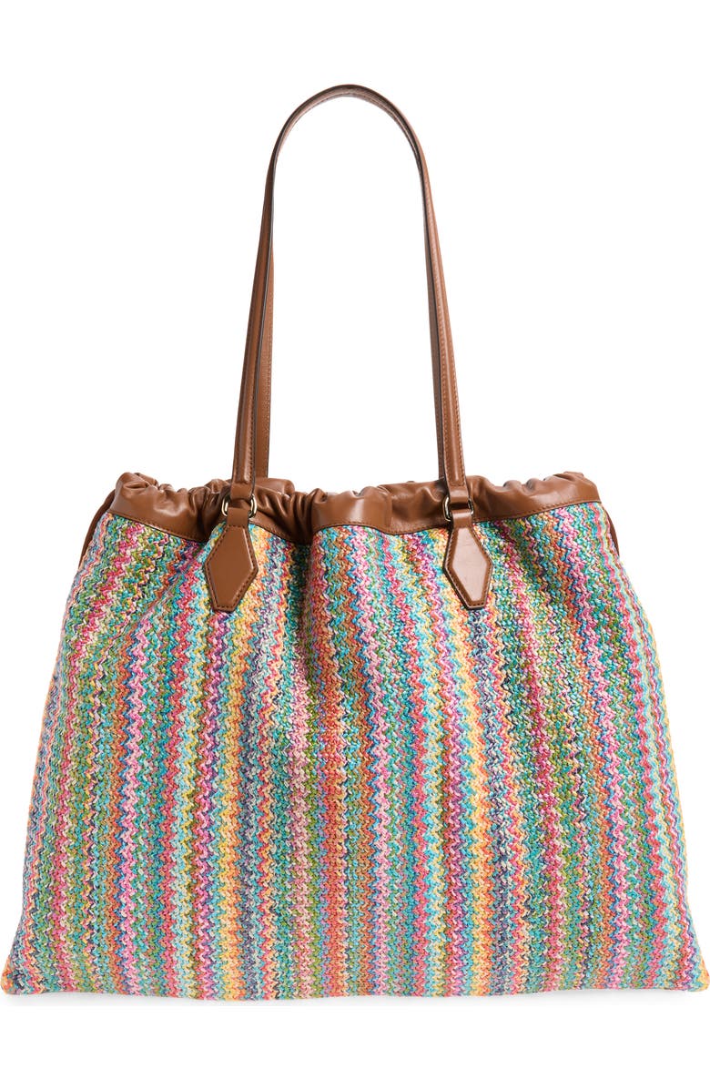 Jimmy Choo Large Woven Raffia Drawstring Tote, Alternate, color, Multi/ Tan/ Light Gold