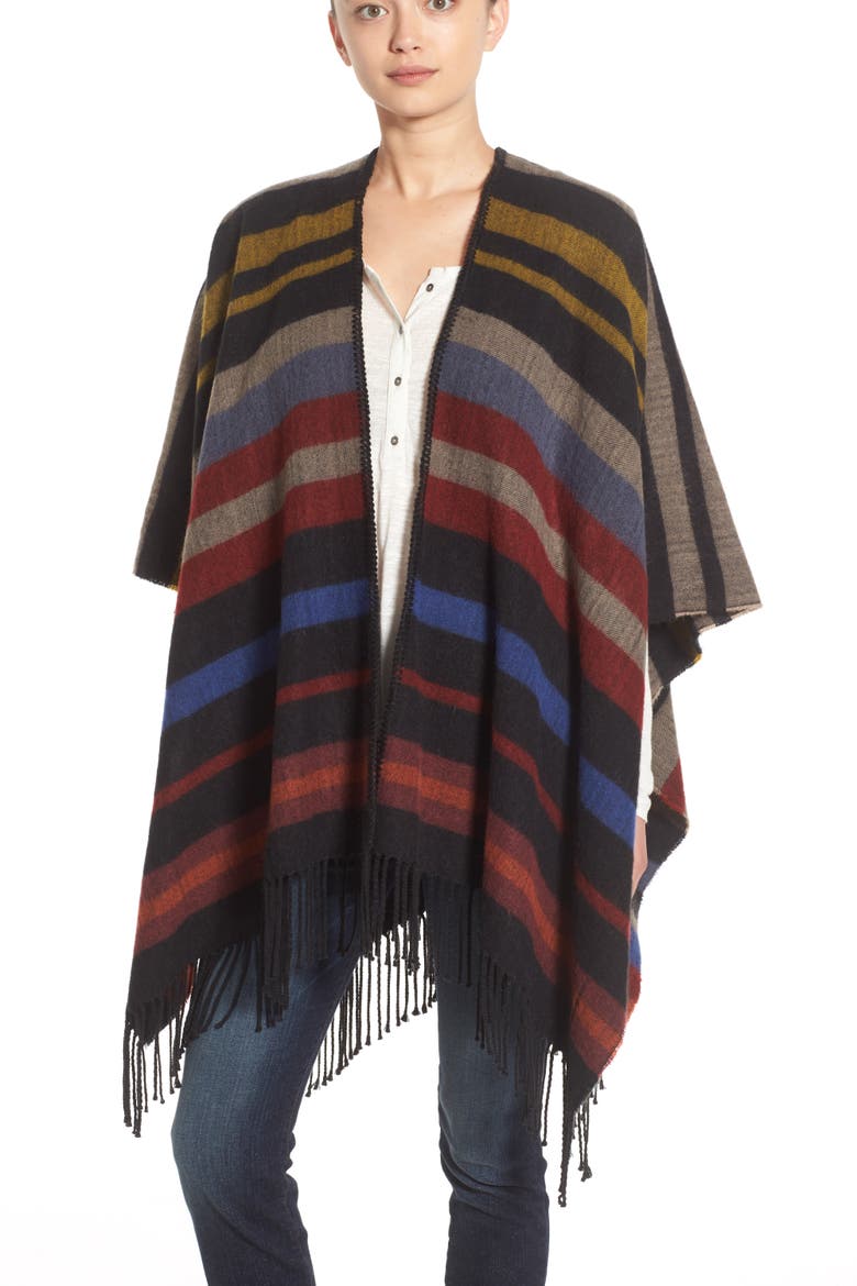 Treasure&Bond Fringed Stripe Poncho, Alternate, color, BLACK COMBO