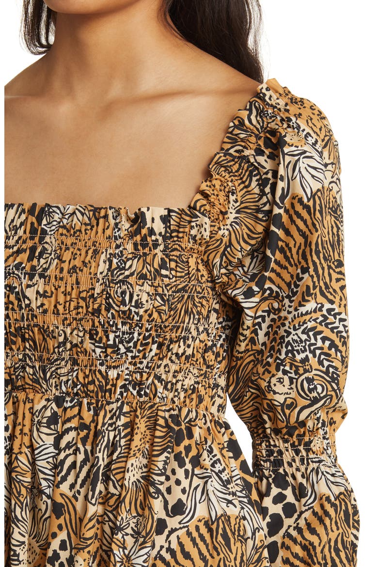 Beyonca Print Smocked Long Sleeve Dress, Alternate, color, RATTAN WALK ON THE WILD SIDE