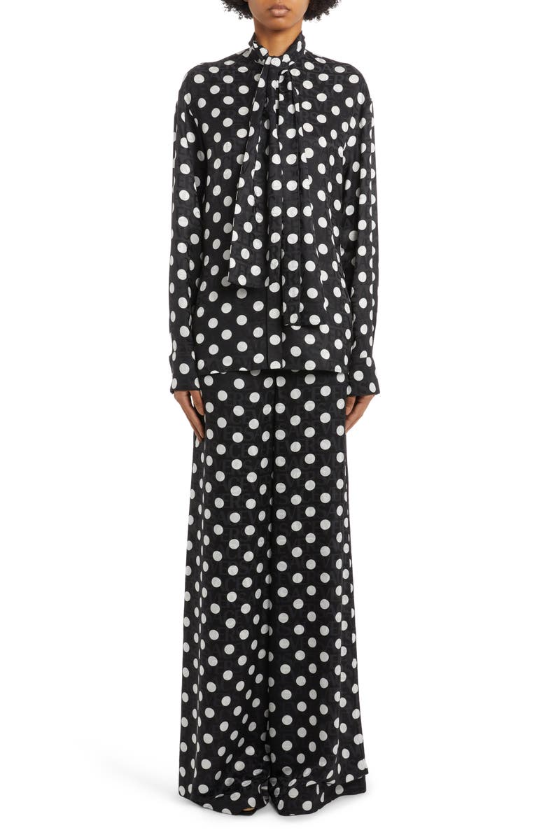 Versace Polka Dot Logo Jacquard Tie Neck Blouse, Alternate, color, 