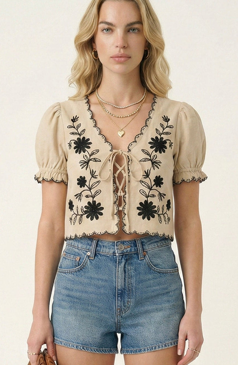 Puff Sleeve Embroidered Front Tie Blouse