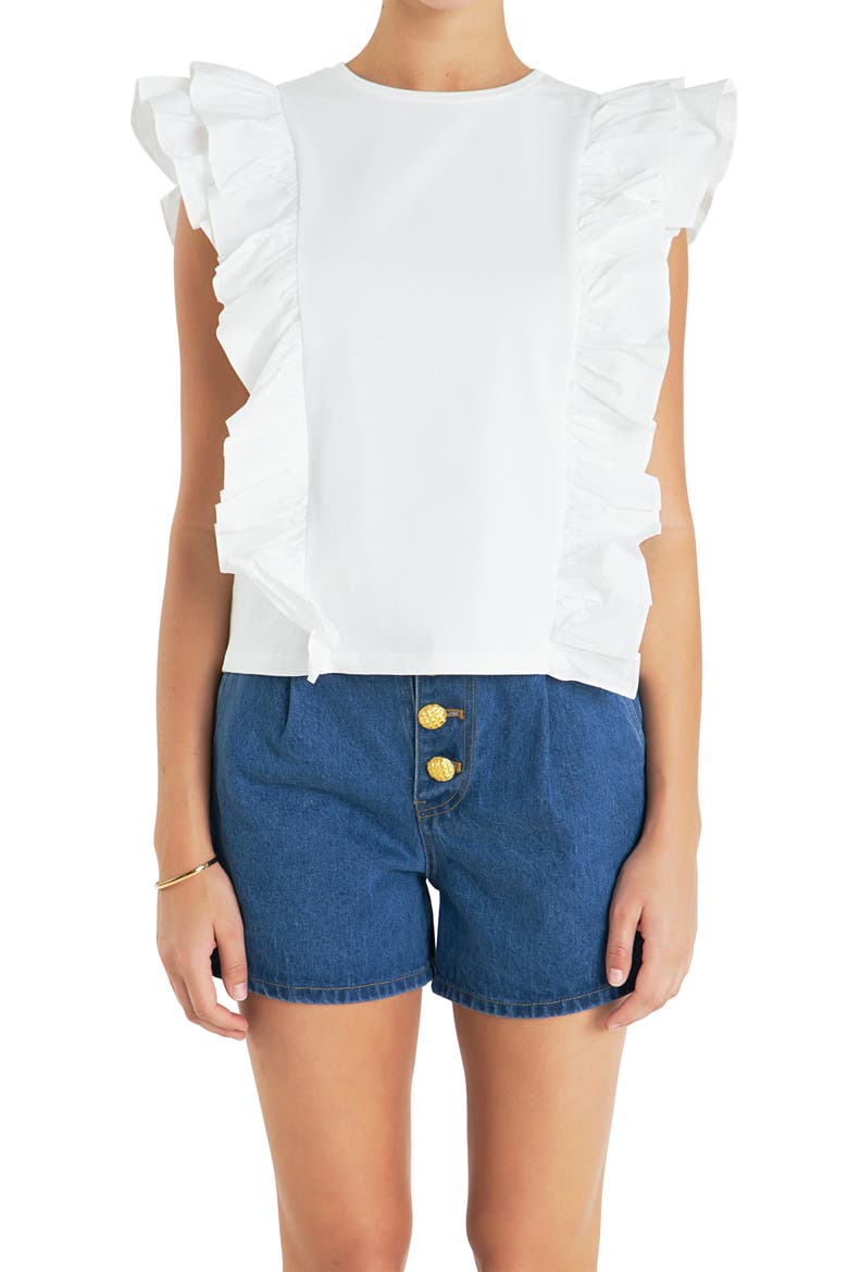 Poplin Ruffle Trim Knit Top, Alternate, color, WHITE