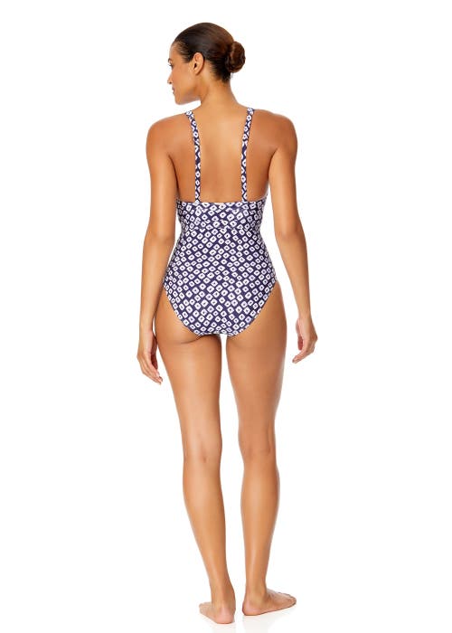 Shop Anne Cole Tie Dye Ikat Double Ring Plunge Front One Piece Swimsuit In Shibori Geo Blue