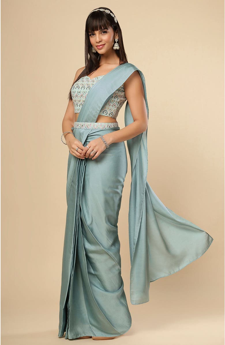 One Minute Saree<sup>®</sup> Meriel Silver Turquoise Crepe Satin Ready to Wear Saree, Alternate, color,