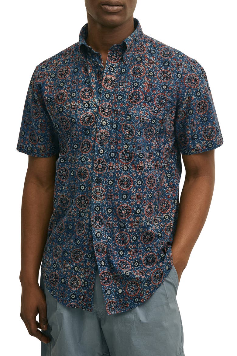 Medallion Print Short Sleeve Cotton Button-Down Shirt, Main, color, BLUESPICE