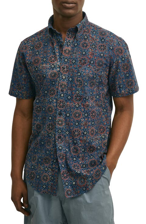 Medallion Print Short Sleeve Cotton Button-Down Shirt