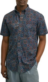 Brooks Brothers Medallion Print Short Sleeve Cotton Button-Down Shirt