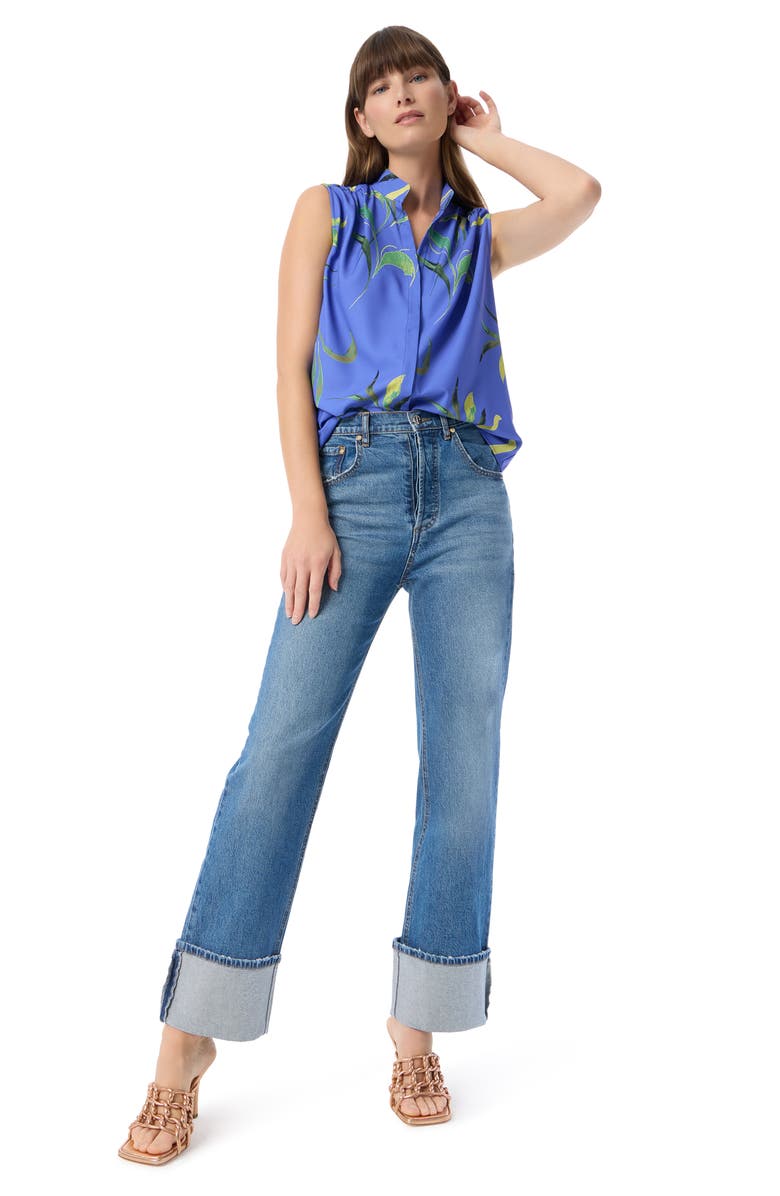 DO by Dee Ocleppo Jade Leaf Print Sleeveless Button-Up Top, Alternate, color, Baja Blue- Tossed Leaves