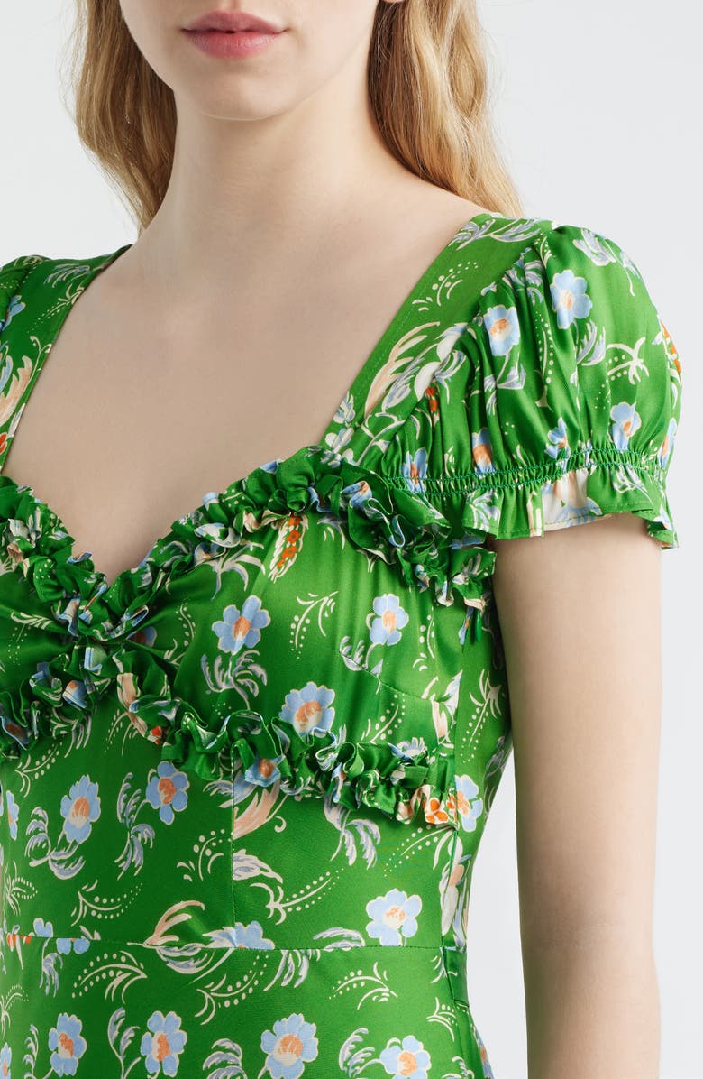DÔEN Valerine Print Ruffle Silk Blend Maxi Dress, Alternate, color, Emerald Hollyhock Hills