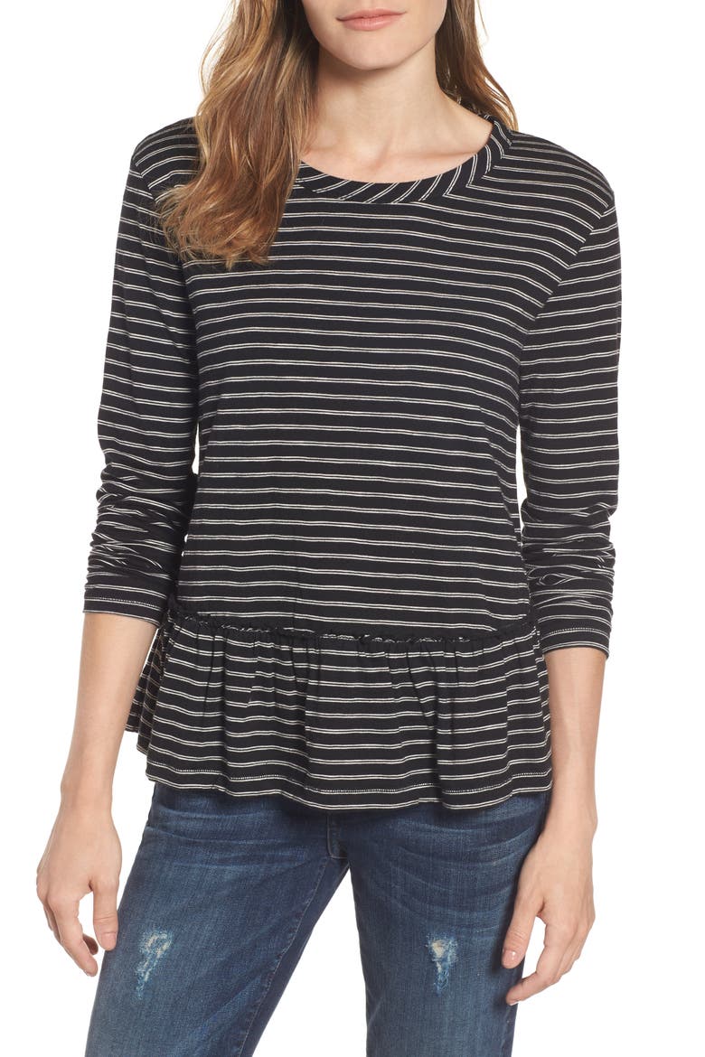 Peplum Tee, Main, color, BLACK- BEIGE STRIPE