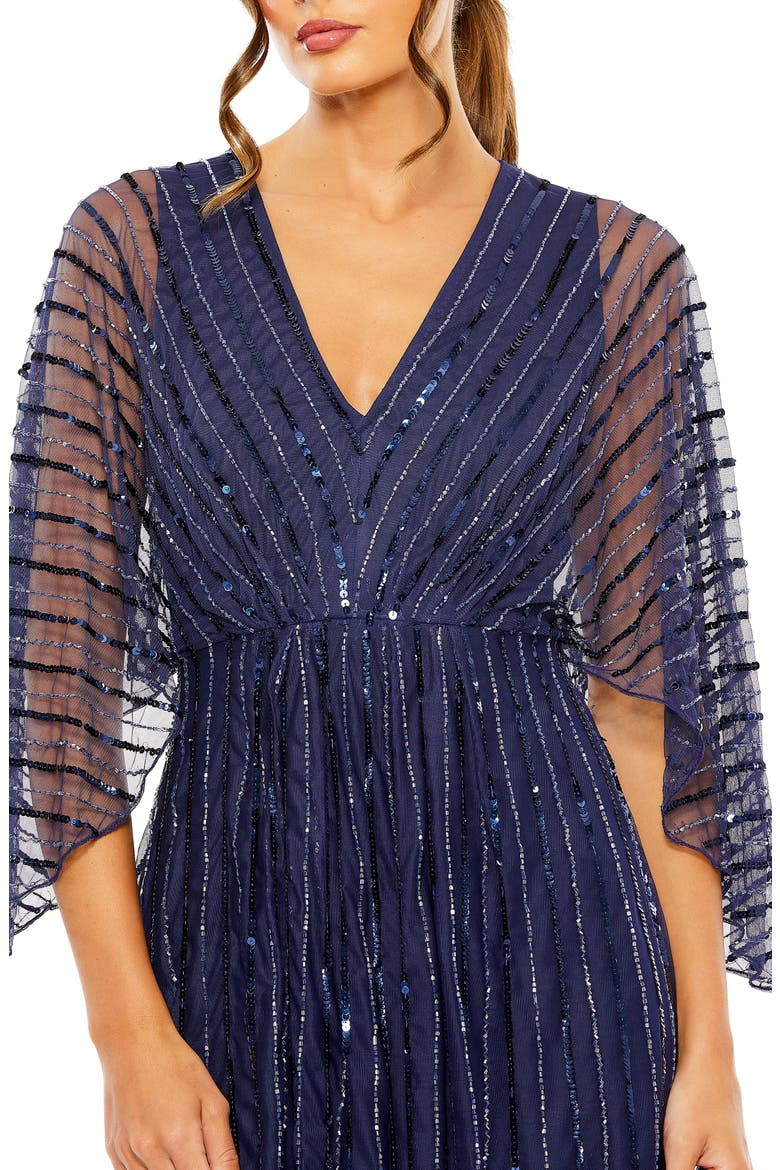 Sequin Beaded Stripe Cape Sleeve V-Neck Gown, Alternate, color, NAVY