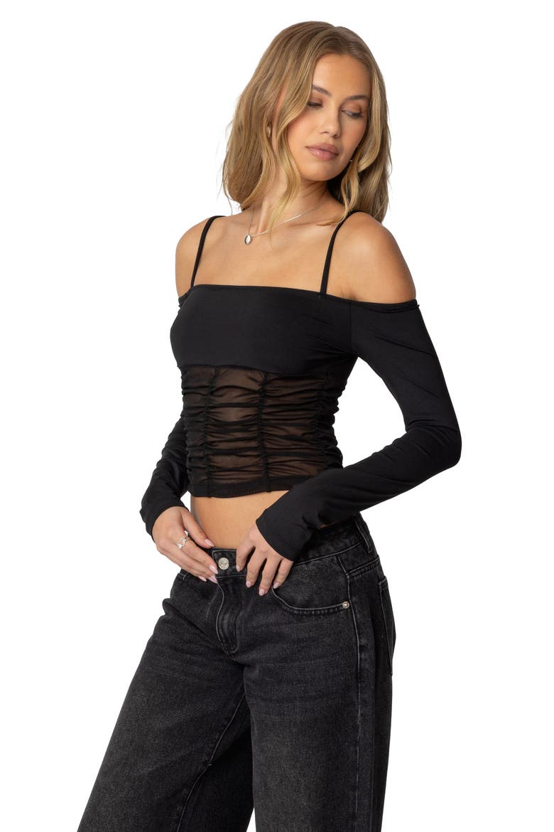 Susie Cold Shoulder Mesh Crop Top, Alternate, color, BLACK