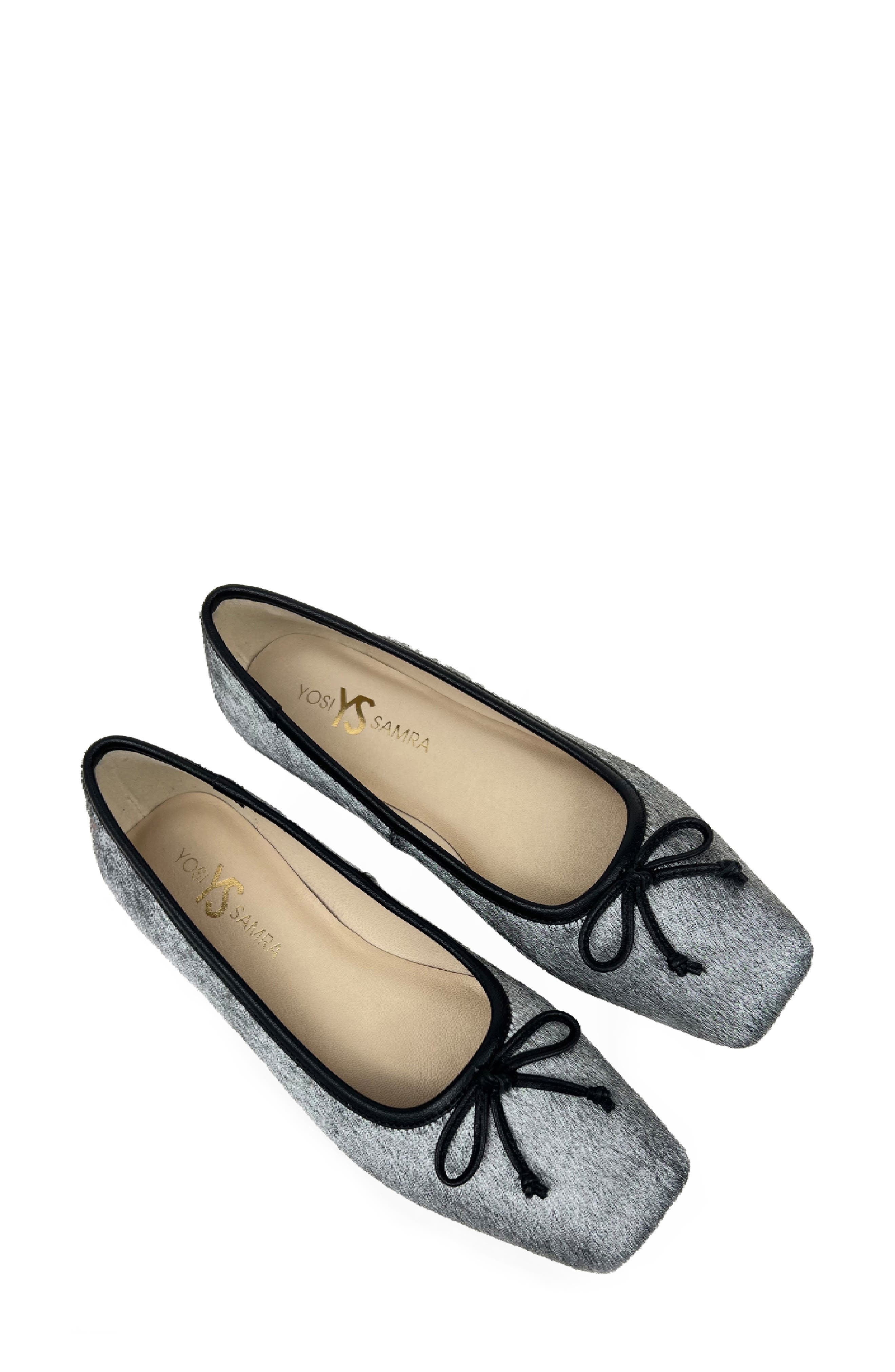 Yosi Samra Cara Metallic Calf Hair Square Toe Ballet Flat in Silver Calf Hair 