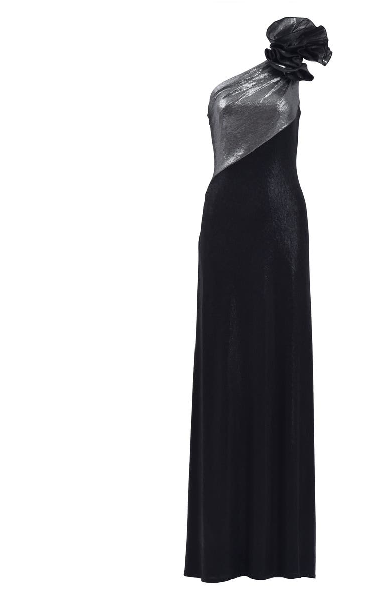 Tadashi Shoji Rosette Detail One-Shoulder Metallic & Satin Gown, Alternate, color, 