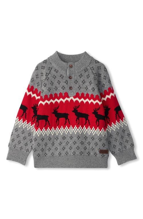 Hatley Kids' Elk Pattern Cotton Henley Sweater in Grey 