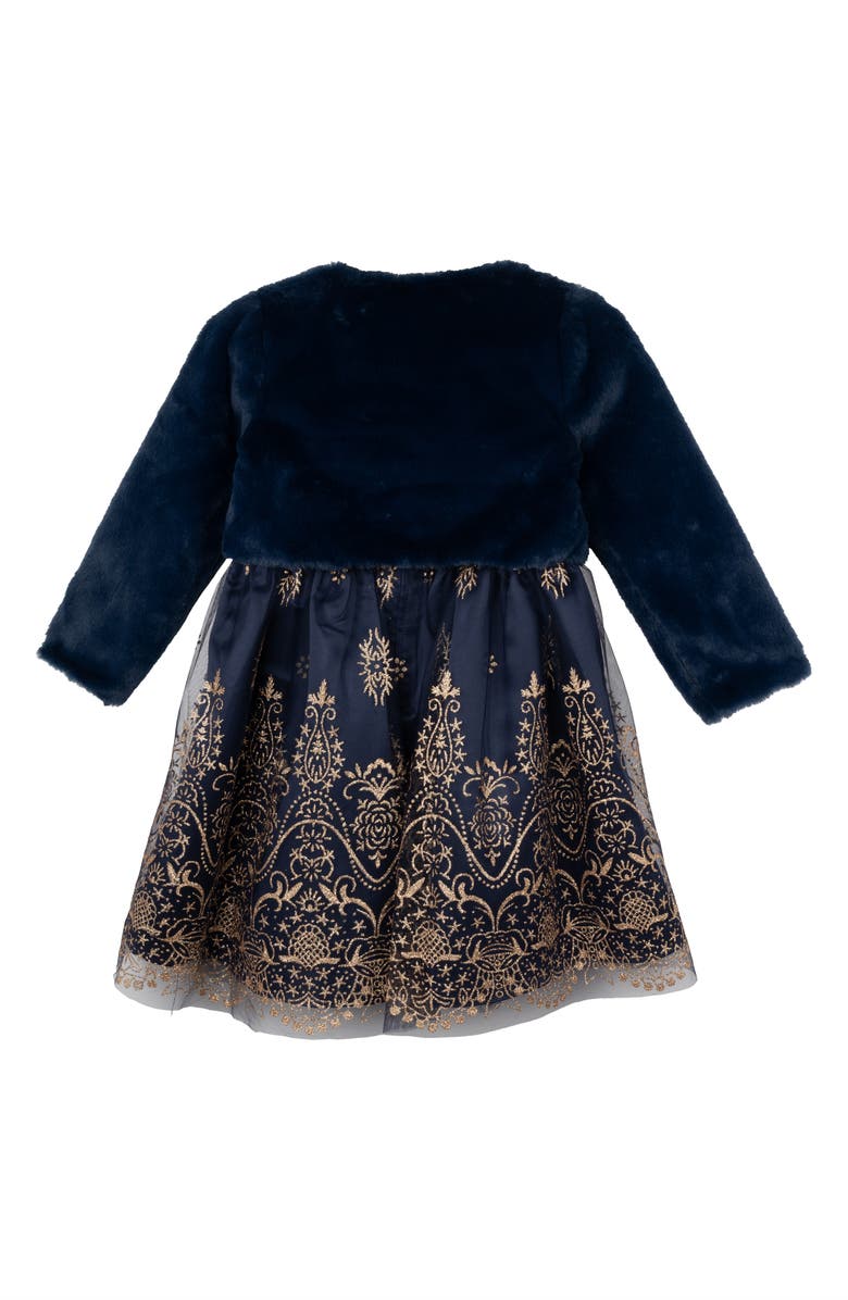 Rare Editions Kids' Glitter Satin Party Dress & Faux Fur Shrug Set, Alternate, color, Navy