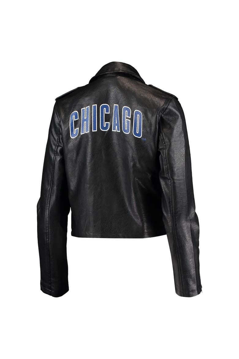 Women's The Wild Collective Black Chicago Cubs Faux Leather Moto Full-Zip Jacket, Alternate, color, Black