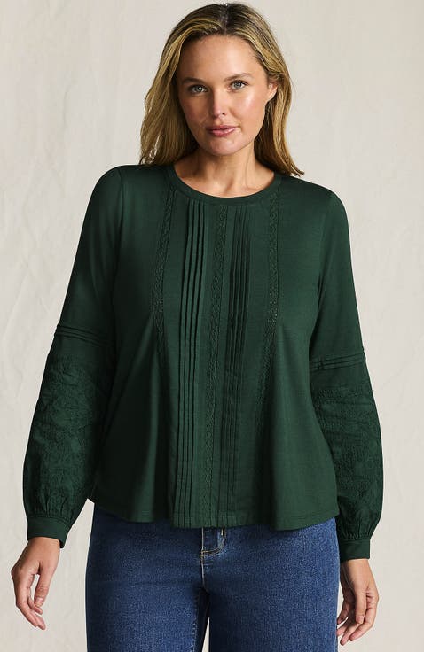 Lightweight Jersey Lace Mix Long Sleeve Pintuck Top