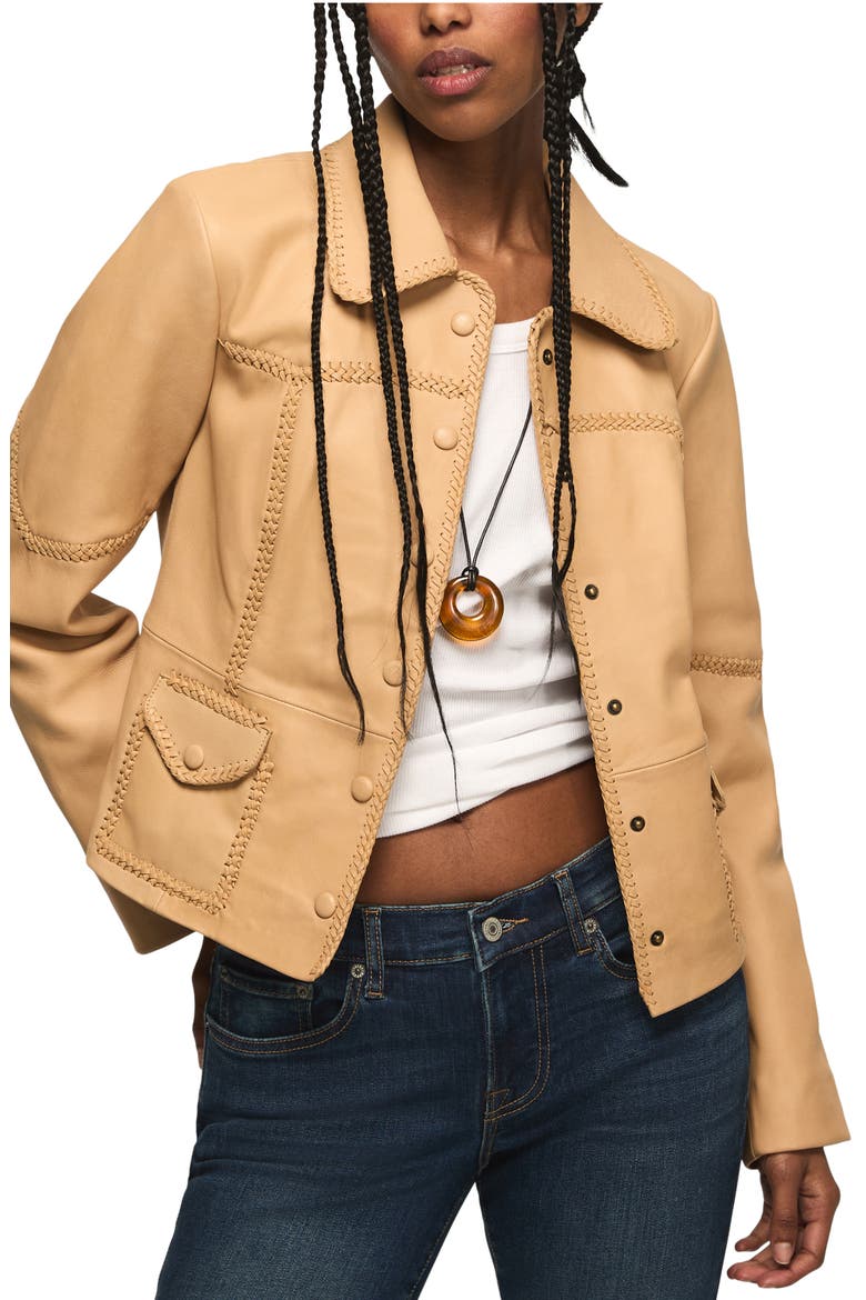 Festival Braided Seamed Leather Jacket, Main, color, TAN