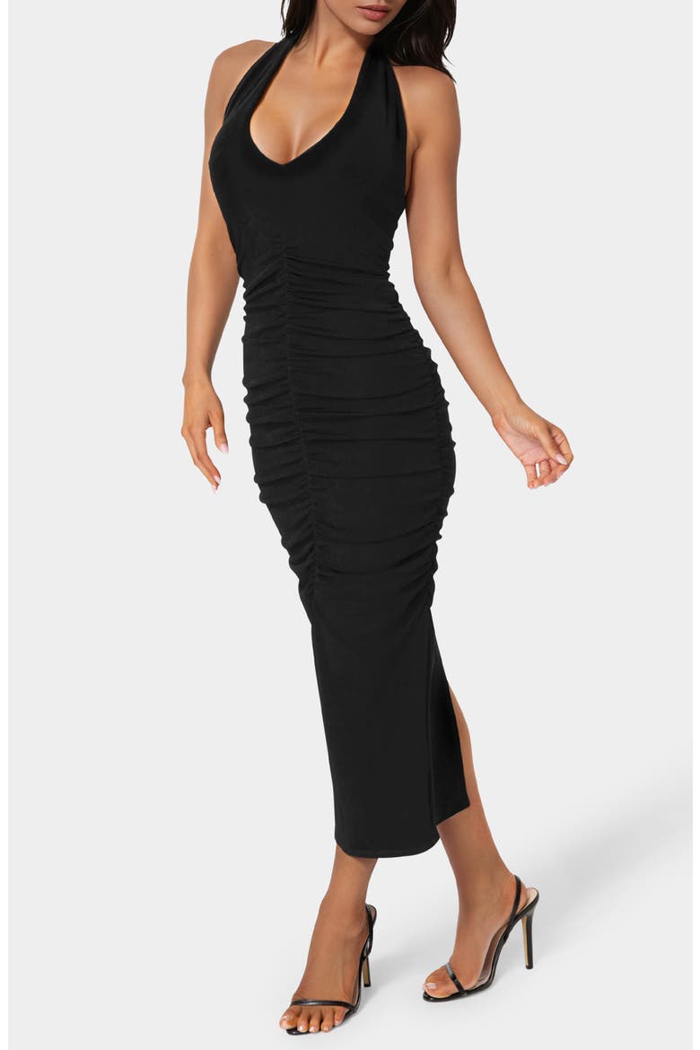 Slinky Shirred Maxi Halter Dress, Alternate, color, BLACK