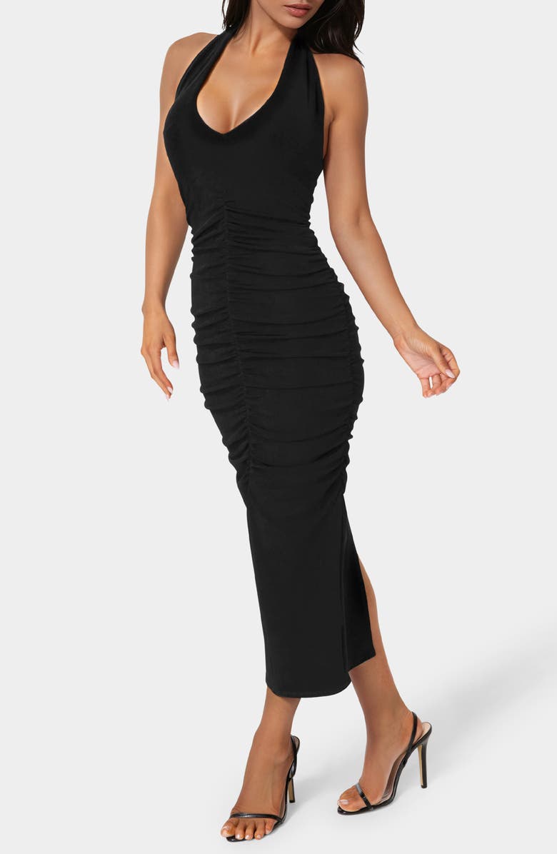 bebe Slinky Shirred Maxi Halter Dress, Alternate, color, Black