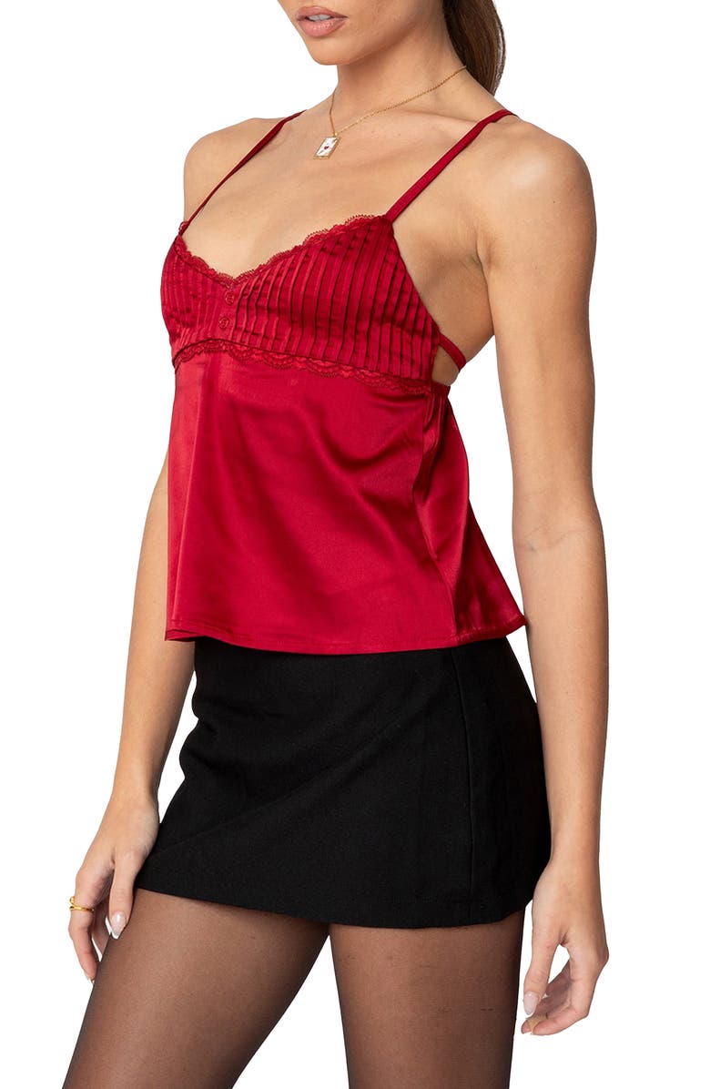 EDIKTED Blanca Lace Trim Satin Camisole, Alternate, color, Red