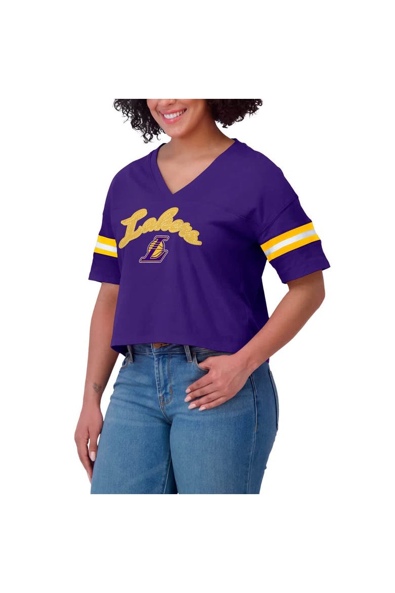 Women's WEAR by Erin Andrews Purple Los Angeles Lakers Plus Size Color Block Boxy V-Neck T-Shirt, Alternate, color, Purple