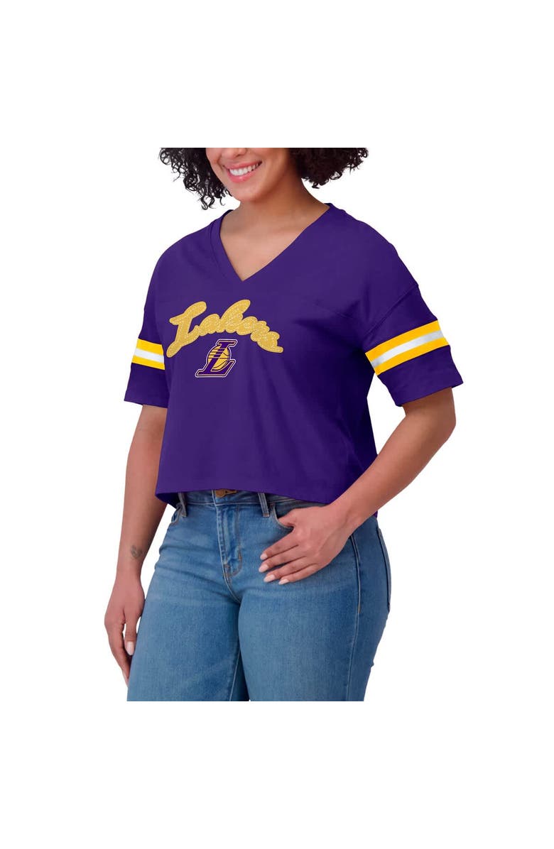 WEAR by Erin Andrews Women's WEAR by Erin Andrews Purple Los Angeles Lakers Plus Size Color Block Boxy V-Neck T-Shirt, Alternate, color, Purple