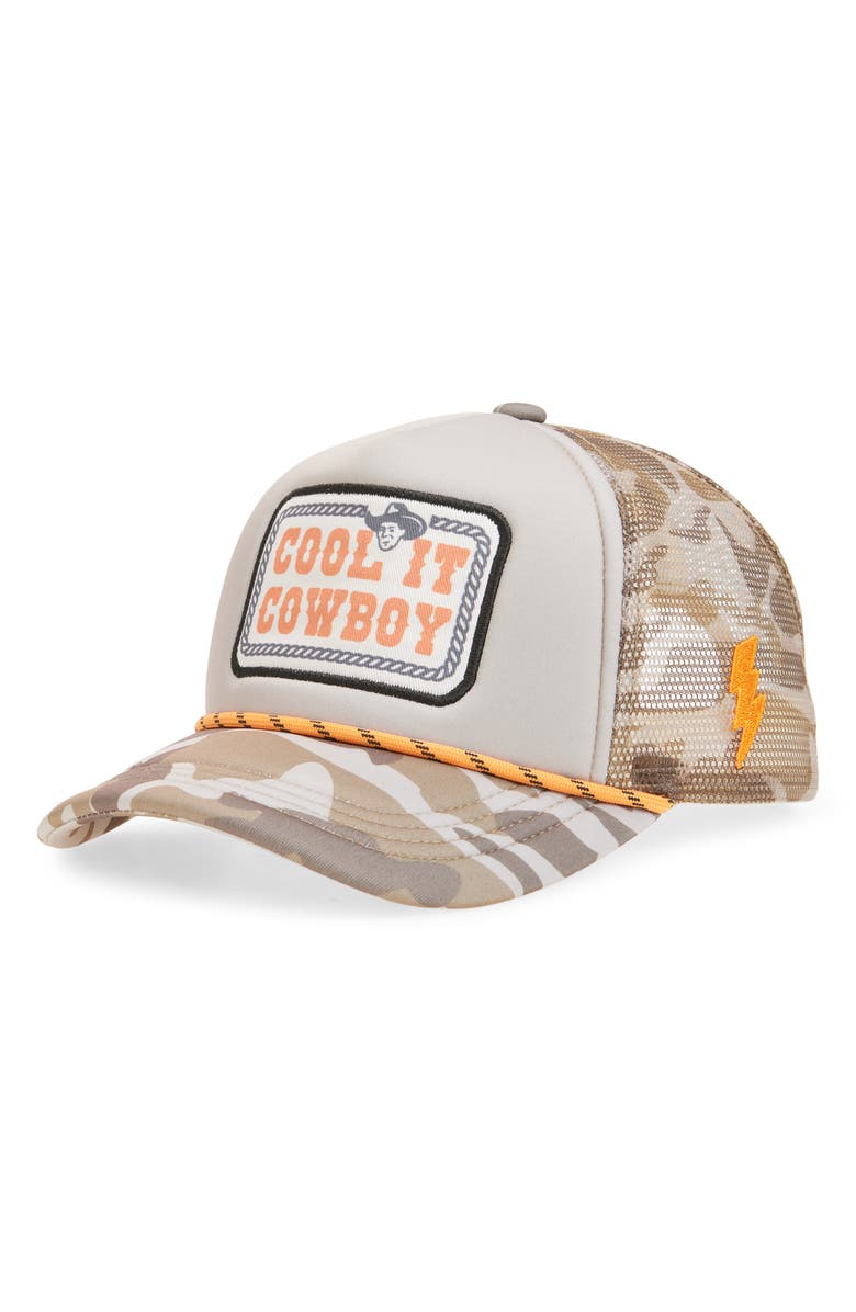 Tiny Whales Kids' Cool It Cowboy Trucker Hat, Main, color, Tan Camo