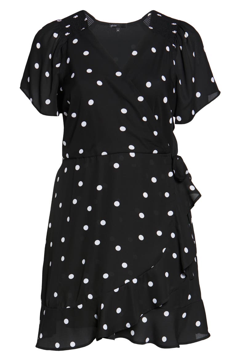 Gibson x International Women's Day Steph Taylor Jackson Smocked Shoulder Ruffle Wrap Dress, Alternate, color, BLACK/ WHITE DOT