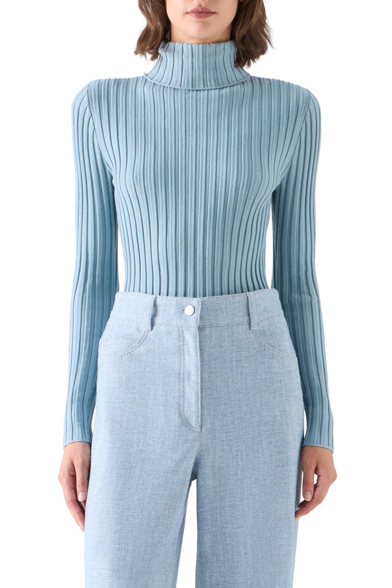 Merino Wool Reverse Rib Turtleneck Sweater, Main, color, LIGHT BLUE