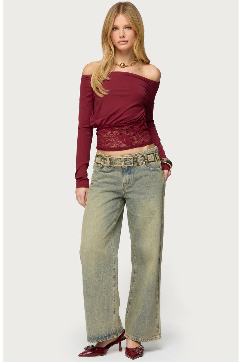Dorona Off the Shoulder Lace Trim Top, Alternate, color, BURGUNDY
