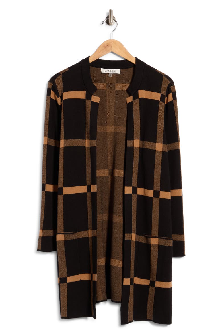 Kissing Front Windowpane Longline Cardigan, Alternate, color, BLACK/ DARK CAMEL