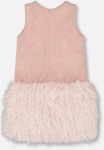 Sleeveless Bi-Material Lurex Dress with Feathers