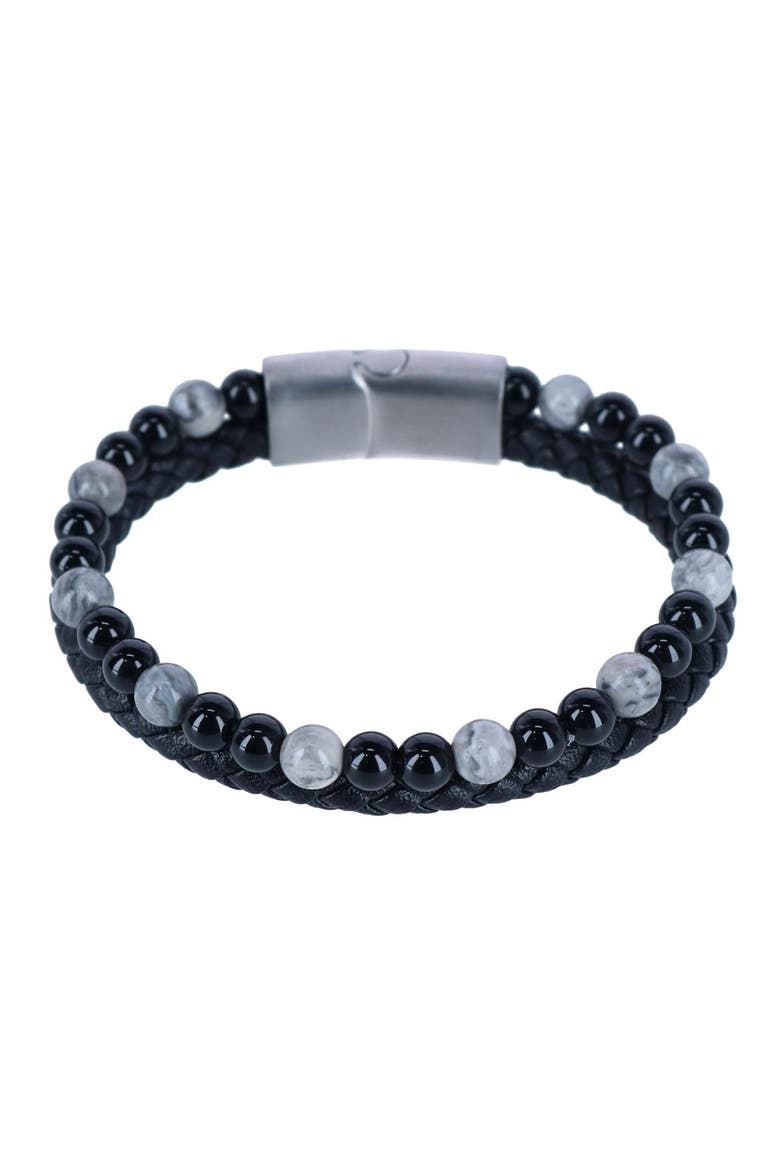 Thurgood Beaded and Braided Leather Secure Clasp Bracelet, Main, color, Black