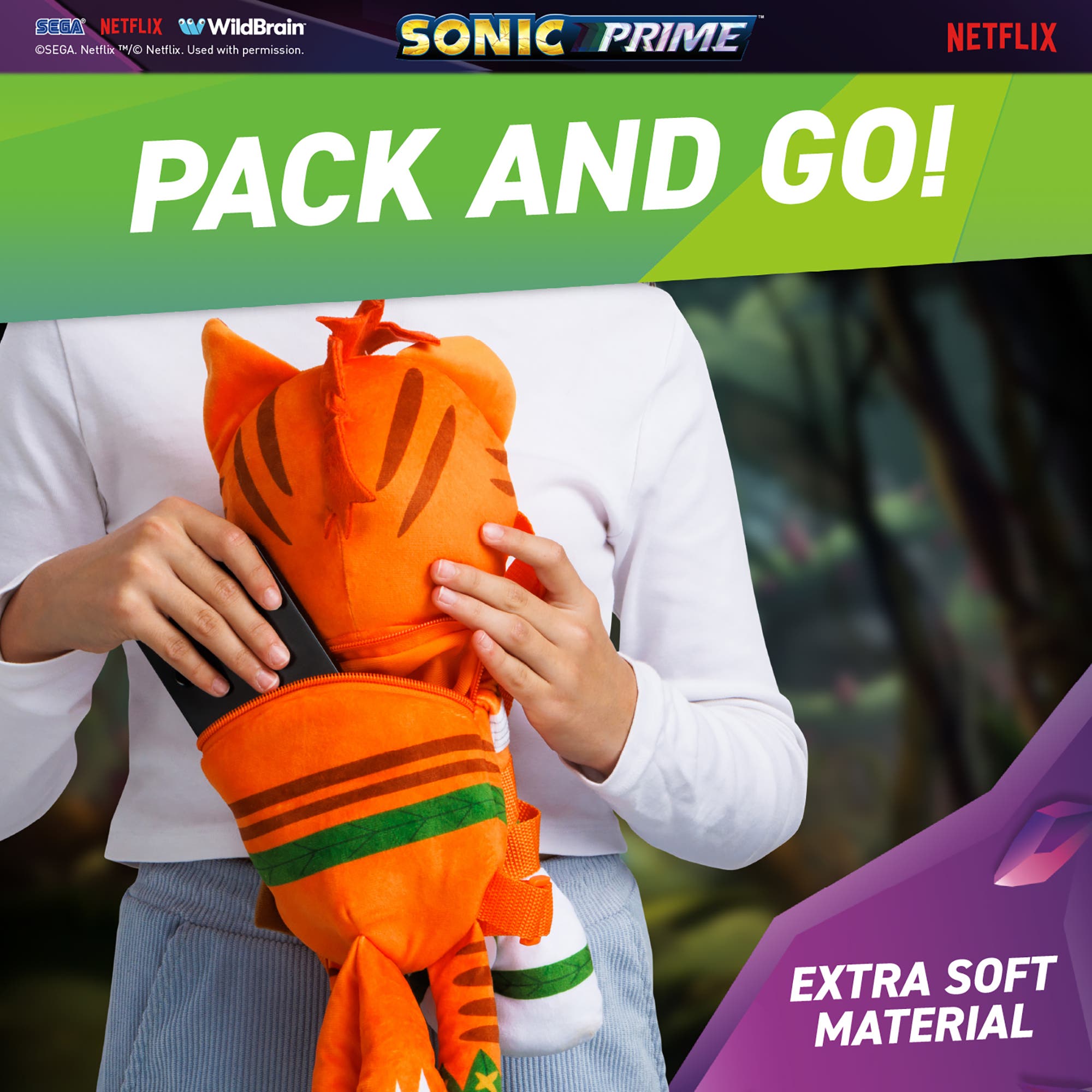 Sonic Prime 15 Inch Plush Kids Backpack Mangey Tails, Alternate, color, Multicolored