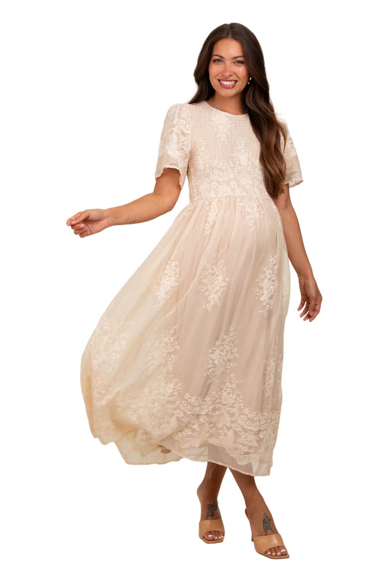 Embroidered Smocked Midi Dress, Main, color, Cream