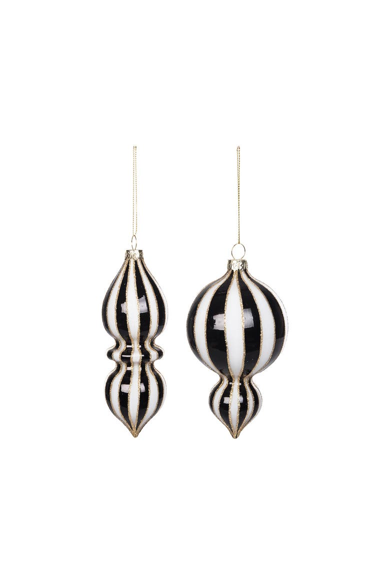 Black & White Stripe Set of 2 Christmas Ornaments, Main, color, White