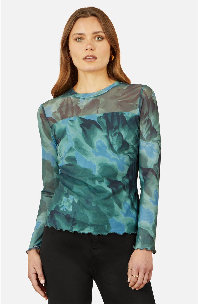 Yumi Long Sleeve Floral Mesh Top, Main, color, Green