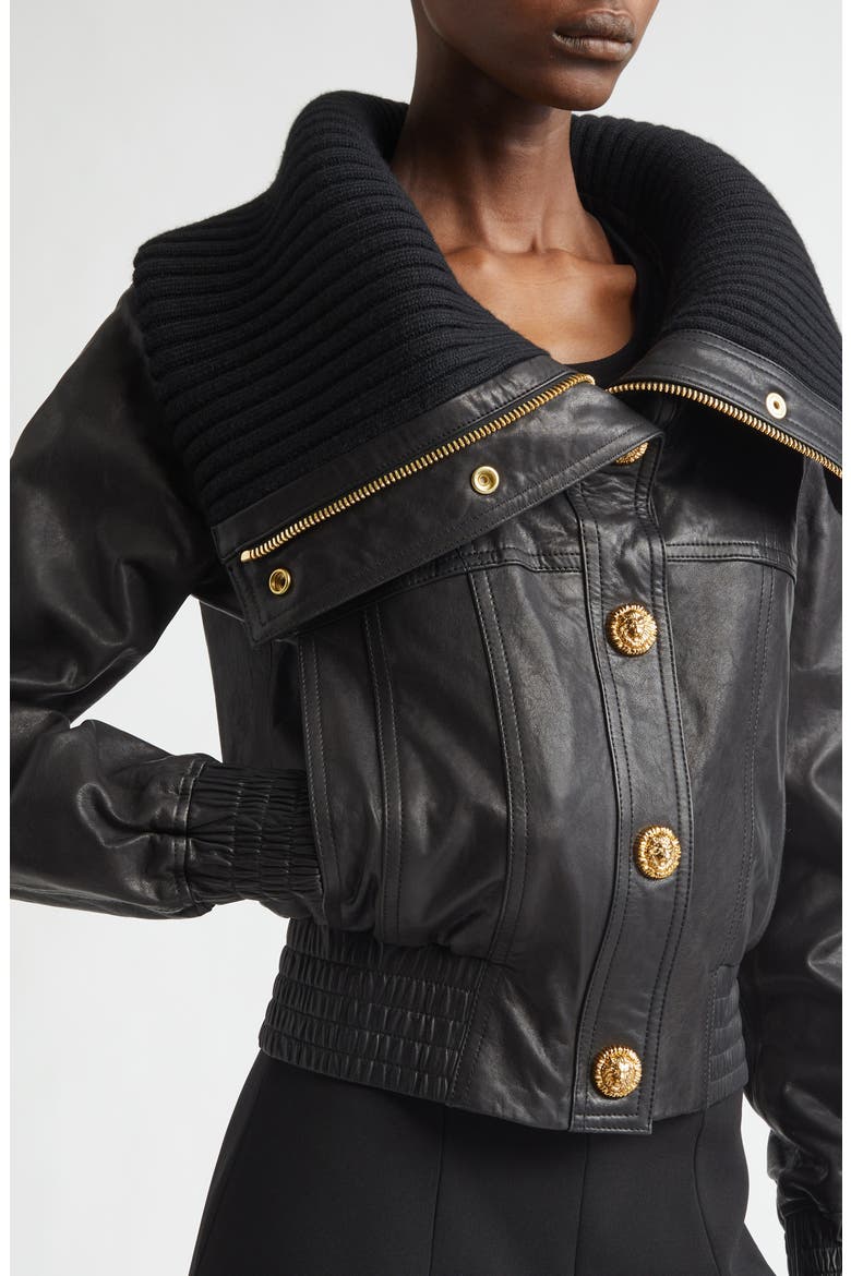 Knit Collar Lambskin Leather Bomber Jacket, Alternate, color, 0PA BLACK