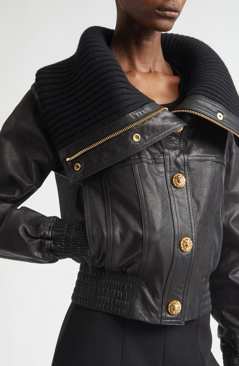 Balmain Knit Collar Lambskin Leather Bomber Jacket, Alternate, color, 0Pa Black