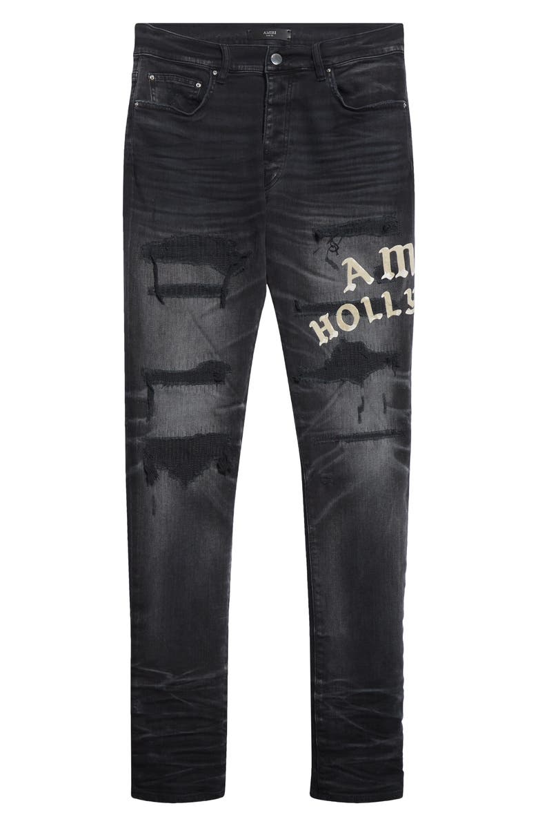 AMIRI Hollywood Appliqué Rip & Repair Slim Fit Jeans, Alternate, color, Faded Black